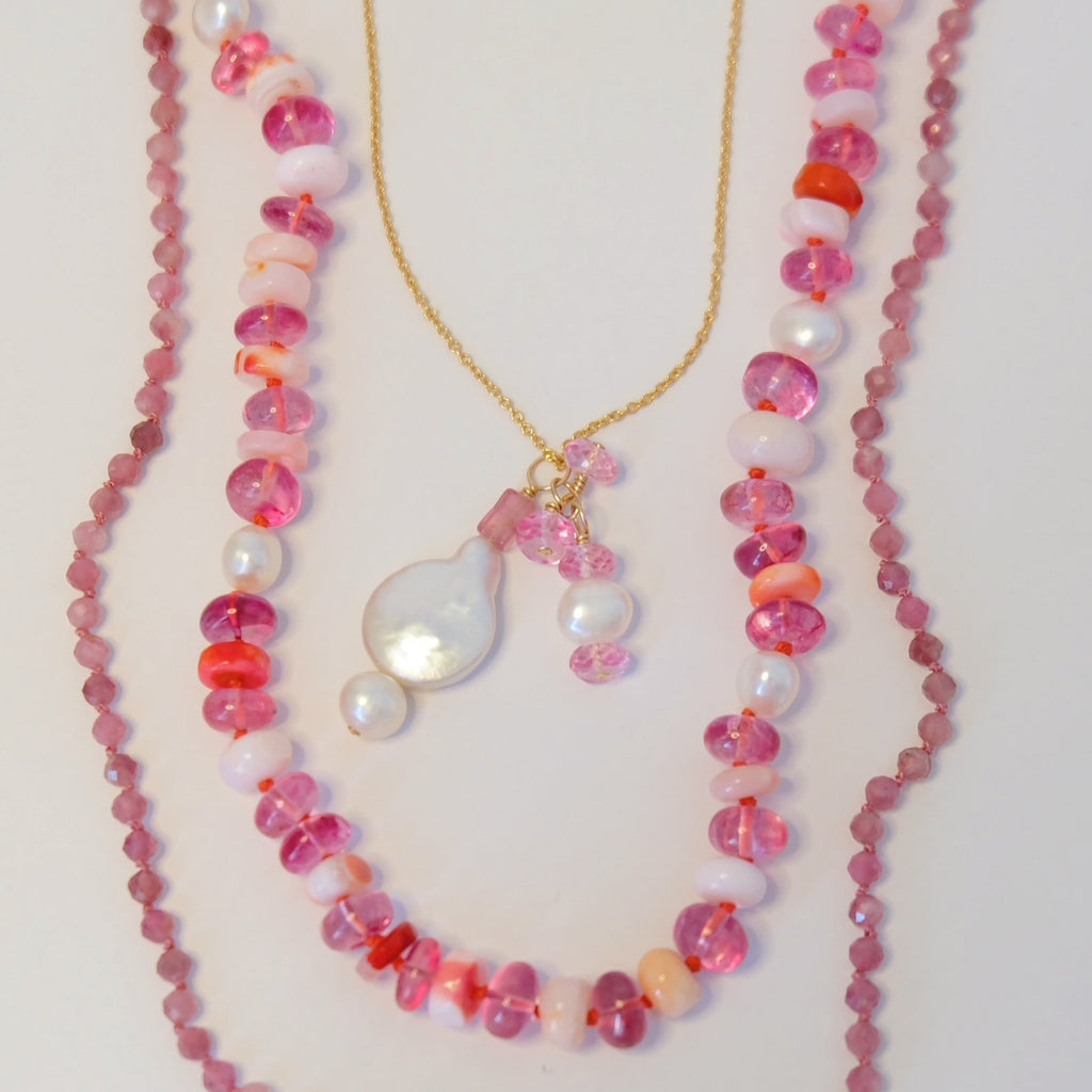 Pink Tourmaline Pearl Charm Necklace