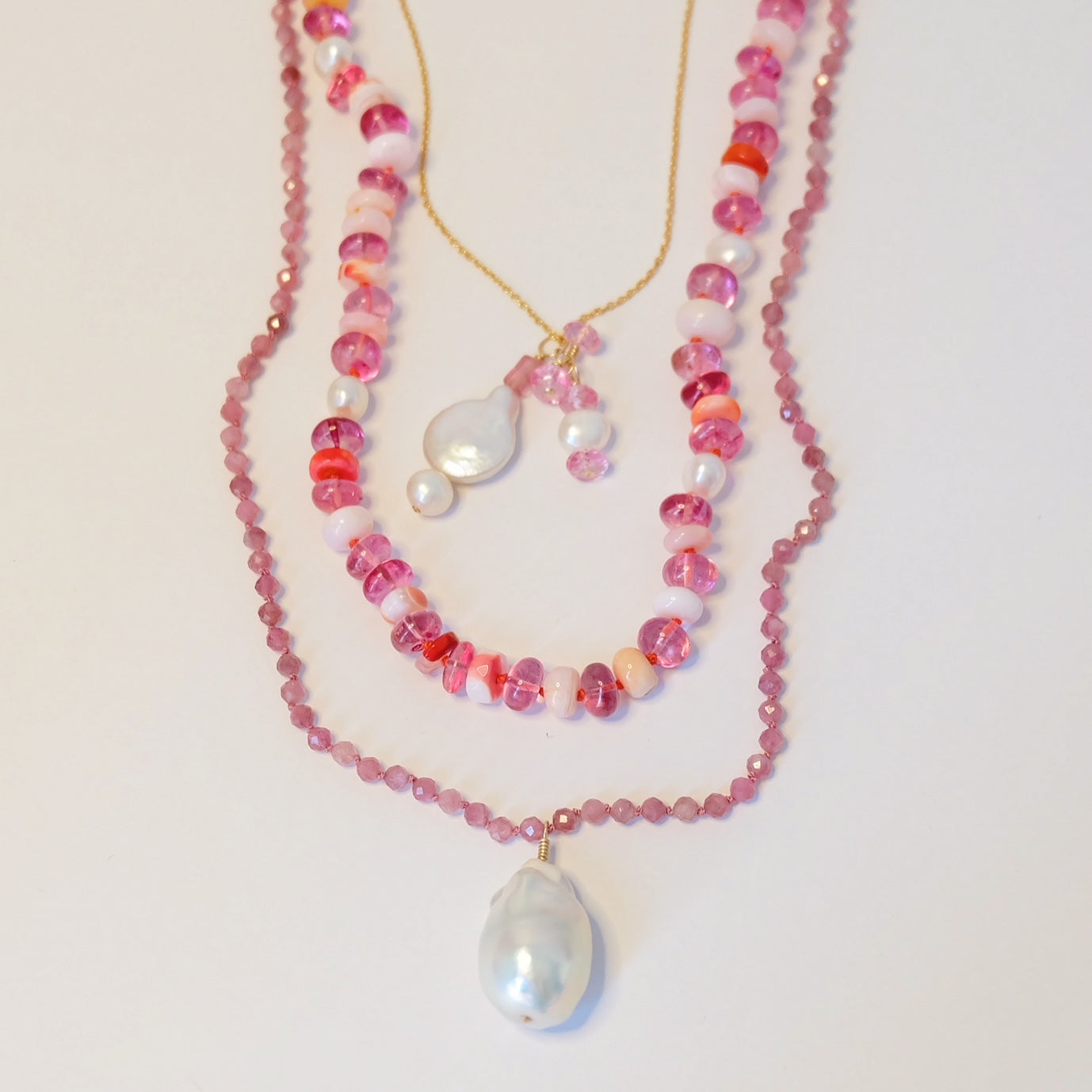 Pink Tourmaline Pearl Charm Necklace